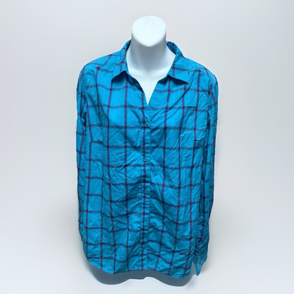 ExOfficio Womens Large Blue Plaid Long Sleeve Fishing Travel Shirt Lightweight